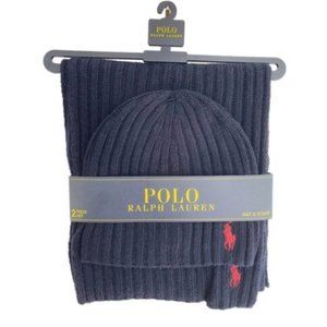 Polo Ralph Lauren Men's 2 Piece Set Hat & Scarf Lambswool Blend One Size, BLUE